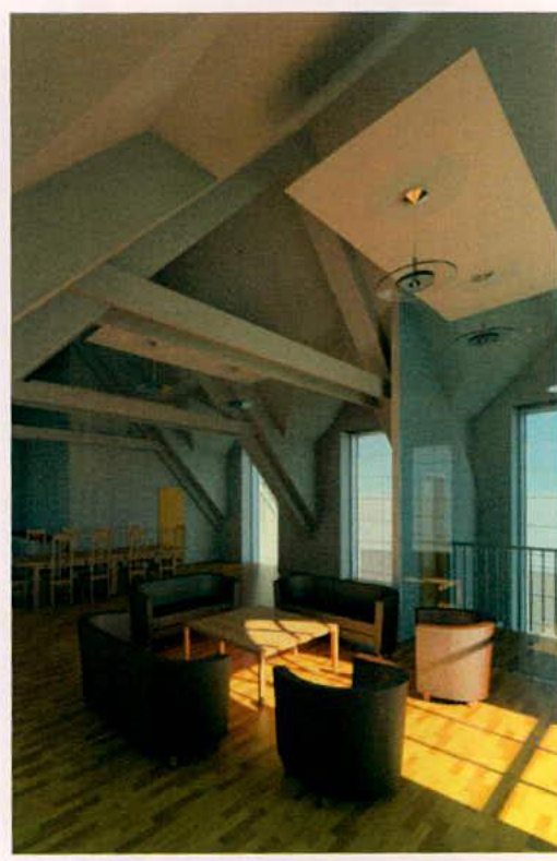 An interior perspective view of a spacious room featuring high vaulted ceilings with exposed wooden beams and large windows, furnished with sofas and tables.