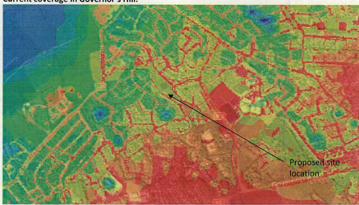 A colorful heat map displaying current signal coverage in Governor's Hill, with an arrow indicating the proposed site location.