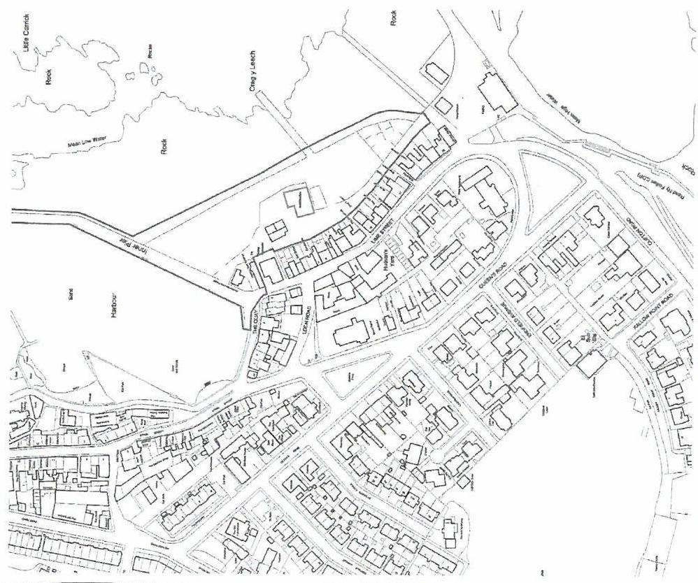 A black and white location plan showing the coastal area of Port St Mary, highlighting the harbour and surrounding streets.