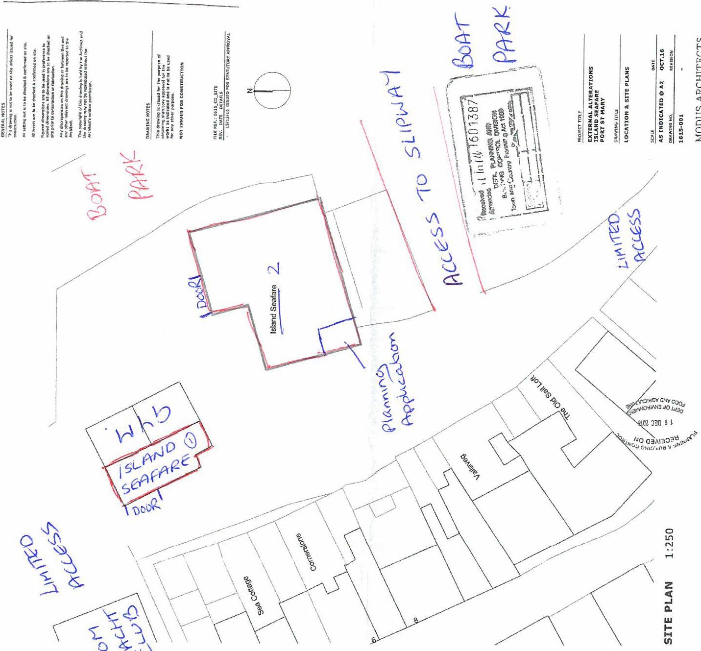 A hand-annotated site plan showing the layout of the Island Seafire property, including access routes to a slipway and boat park areas.