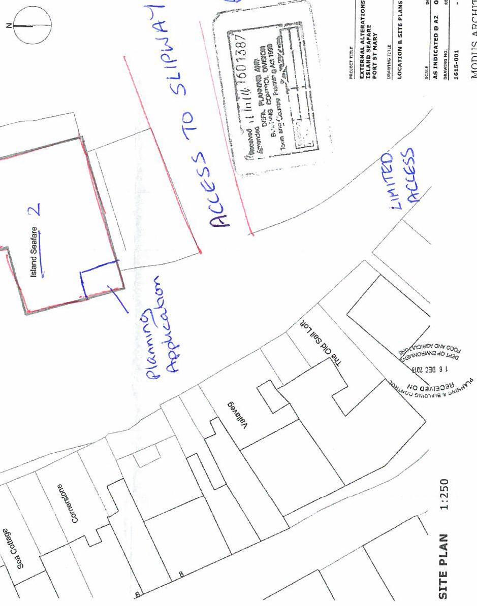 A rotated site plan showing the location of 'Island Seafare' and neighboring properties with handwritten notes regarding access to a slipway.