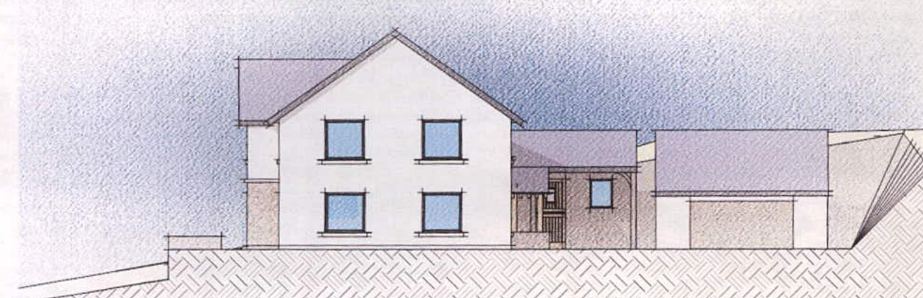 A hand-drawn architectural elevation sketch depicting a proposed two-story detached house with an attached garage and outbuilding on a sloping site.