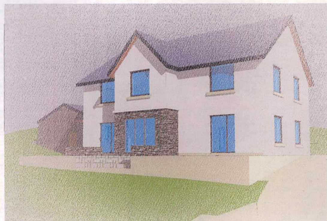 Architectural perspective sketch of a proposed two-story detached house with an adjacent outbuilding.