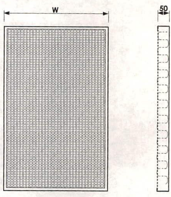 A technical engineering drawing showing a perforated rectangular panel with a grid of holes and a side cross-section detail labeled with dimensions.