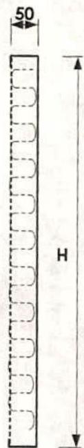 A black and white technical drawing showing a vertical cross-section of a narrow component with internal zig-zag lines and dimensions '50' and 'H'.