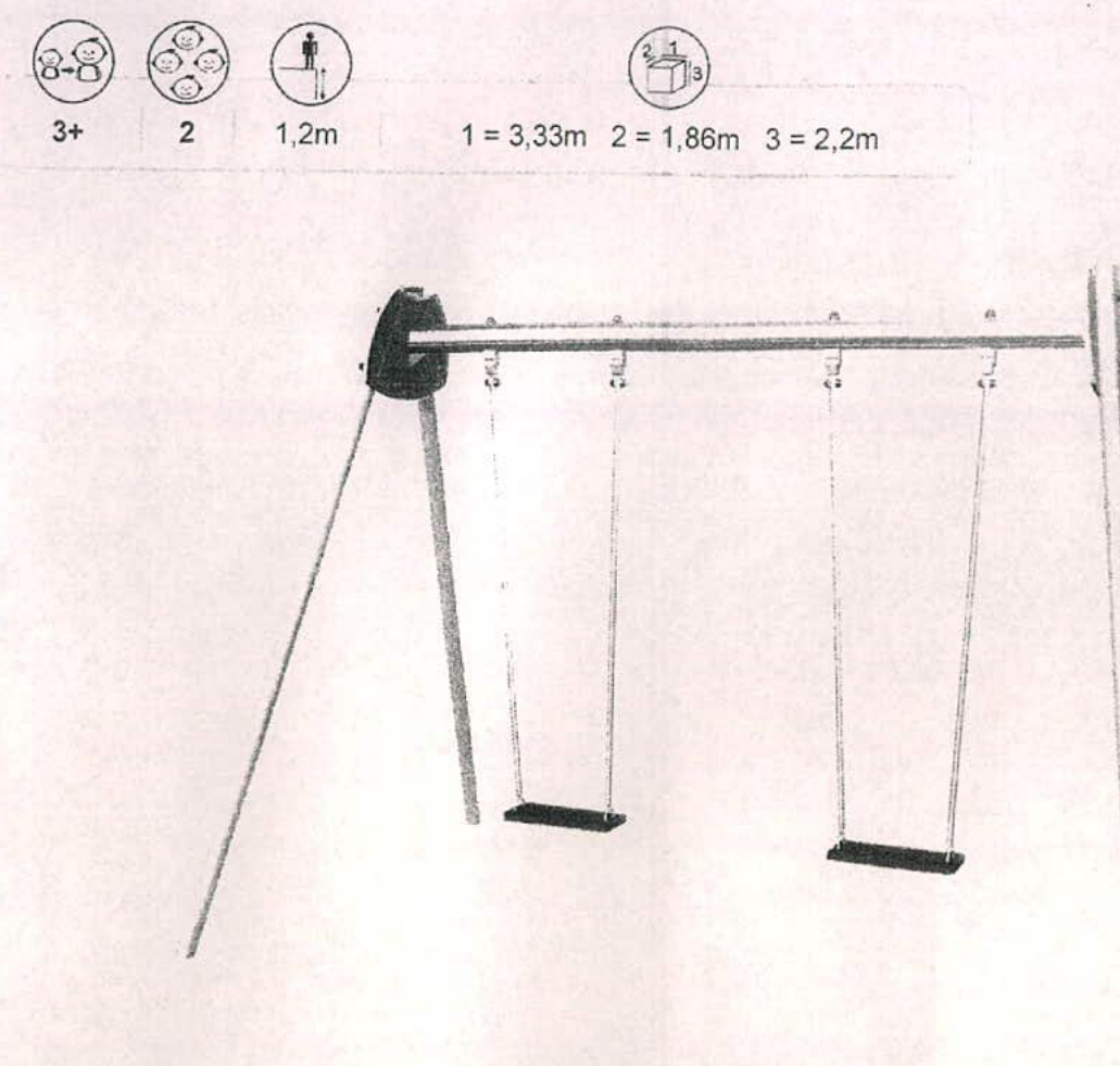 Technical diagram of a swing set showing dimensions, height, and capacity icons.