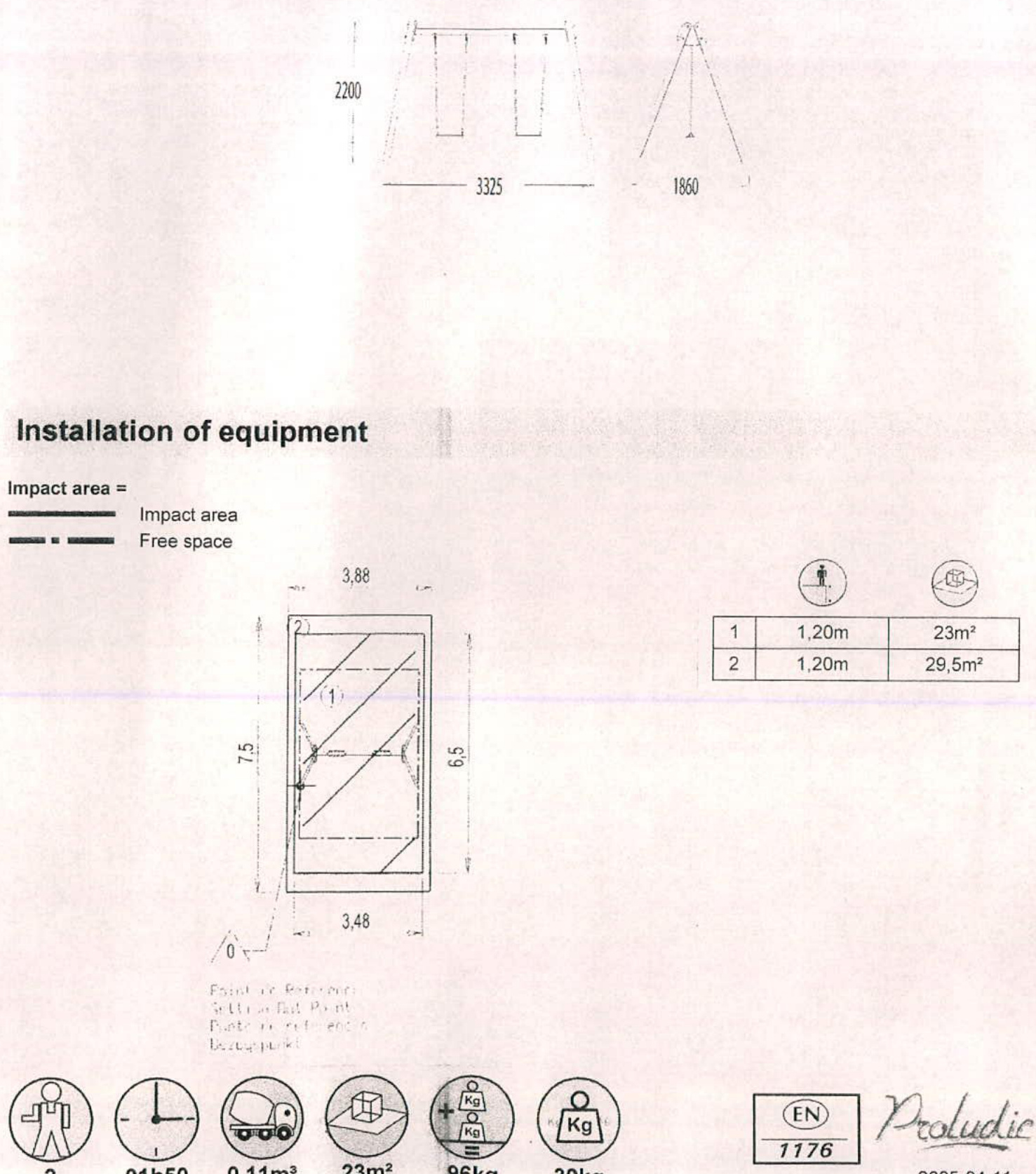 Technical drawing showing dimensions, impact areas, and installation instructions for play equipment.