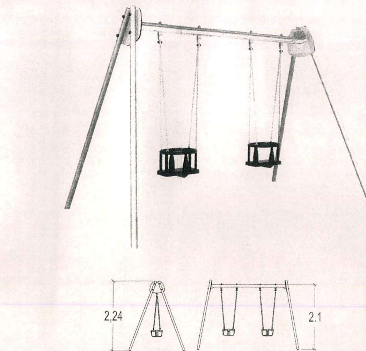 A technical line drawing illustrating a swing set with two bucket seats, showing perspective and elevation views with height dimensions.