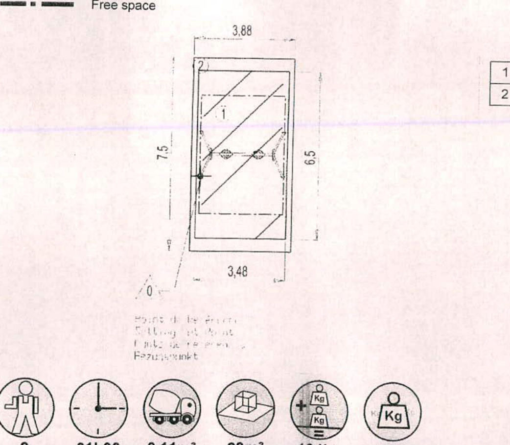 A technical drawing showing dimensions and layout specifications for play equipment installation, including free space requirements and safety icons.
