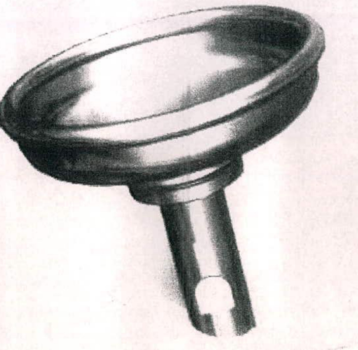 A technical sketch or illustration of a metal funnel or drain outlet component.