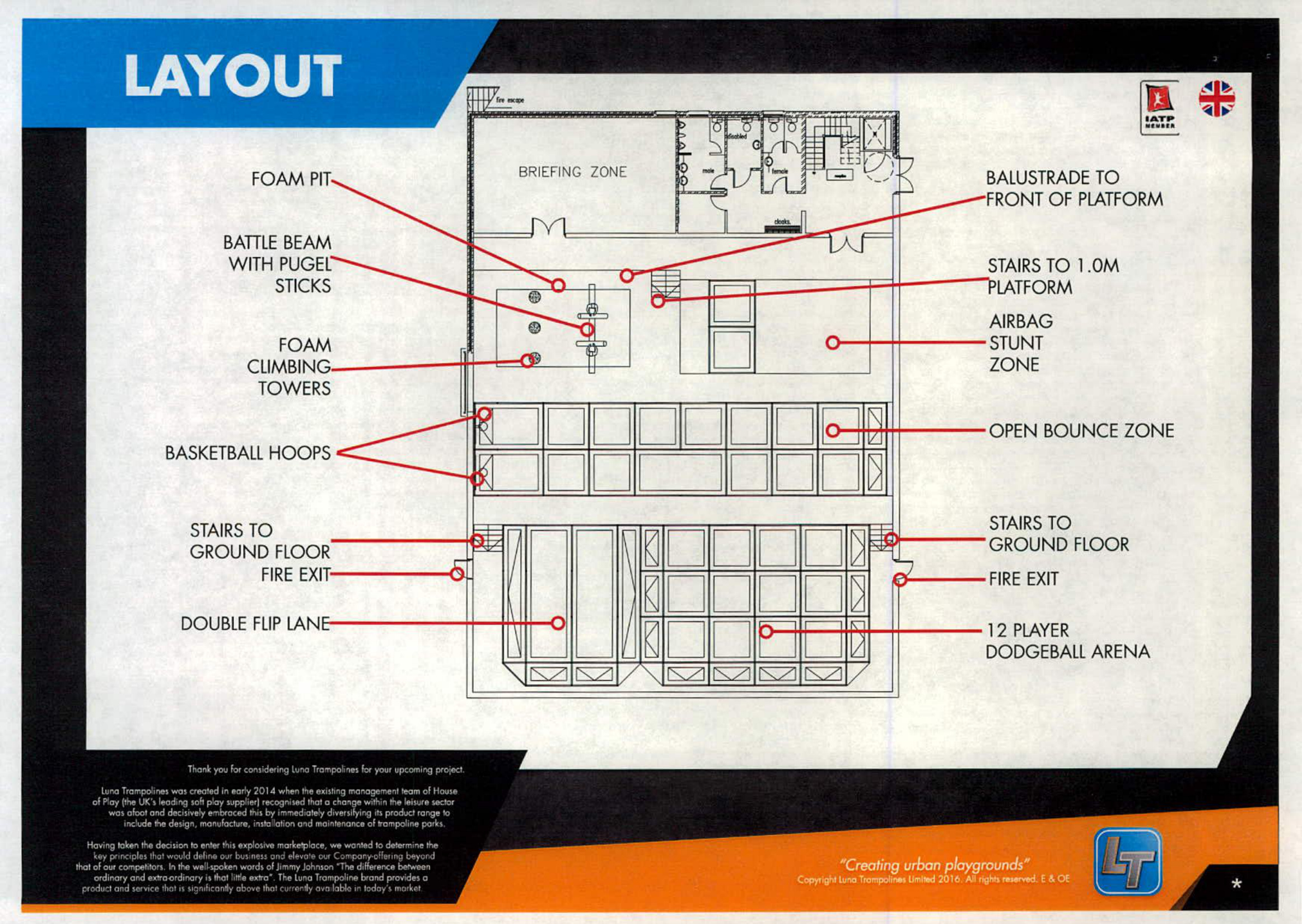 Architectural floor plan layout detailing the internal zones of a trampoline and leisure facility, including foam pits and dodgeball arenas.