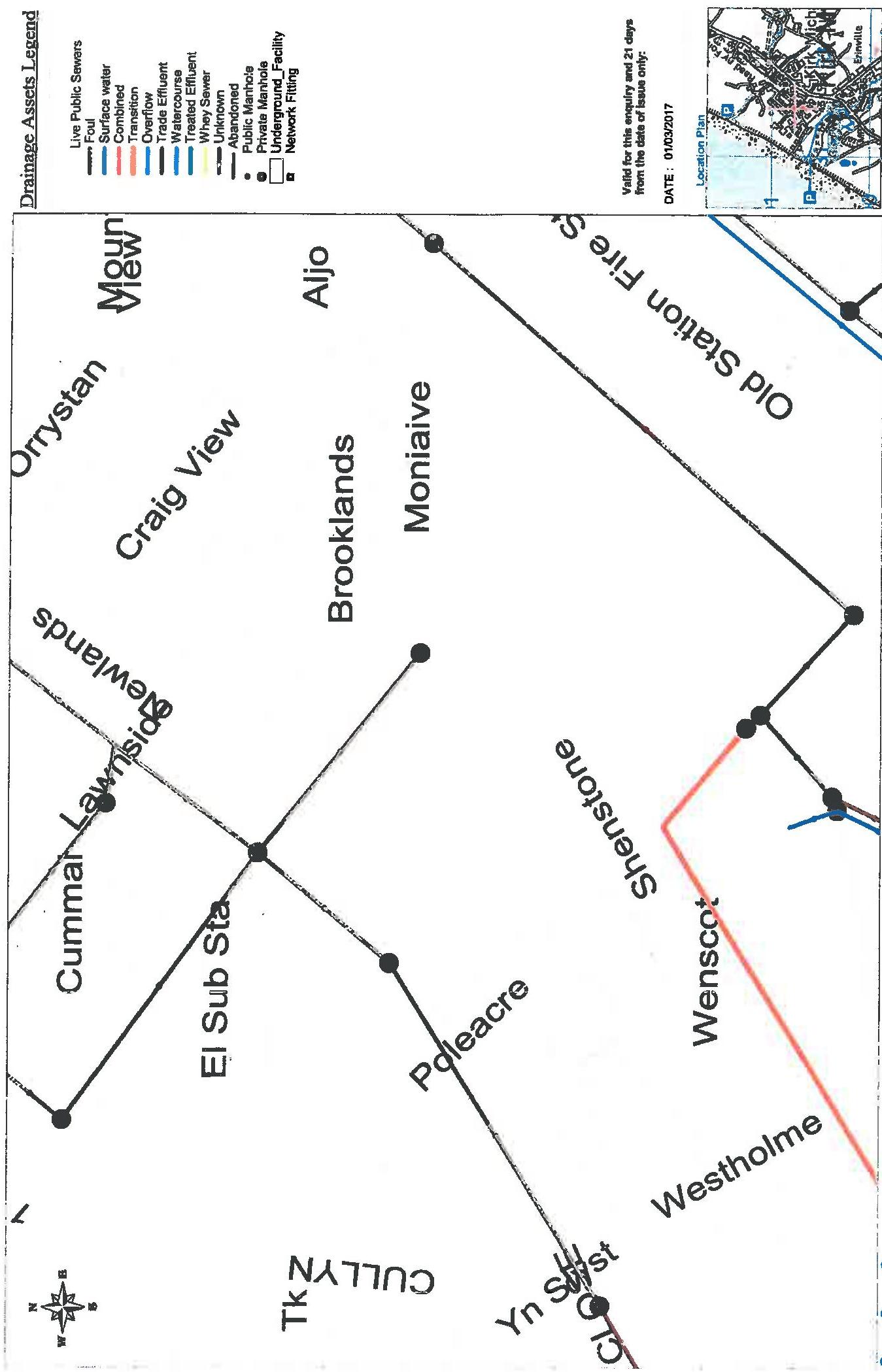 A technical site plan displaying a drainage assets legend and public sewer lines overlaid on a map of local streets.