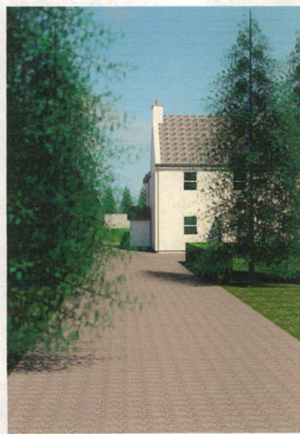 A photorealistic architectural rendering showing a proposed two-story white detached house with a tiled roof and a paved driveway.