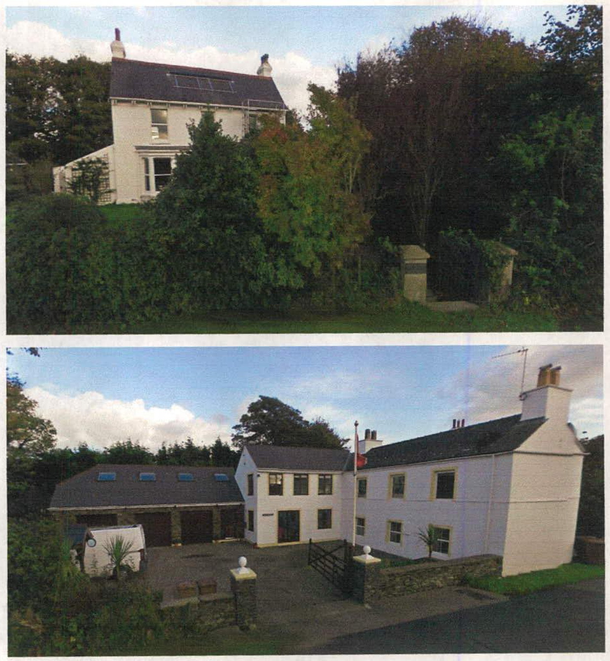 Two photographs showing existing rural properties, including a white house on a hill and a larger white building complex with a garage and driveway.