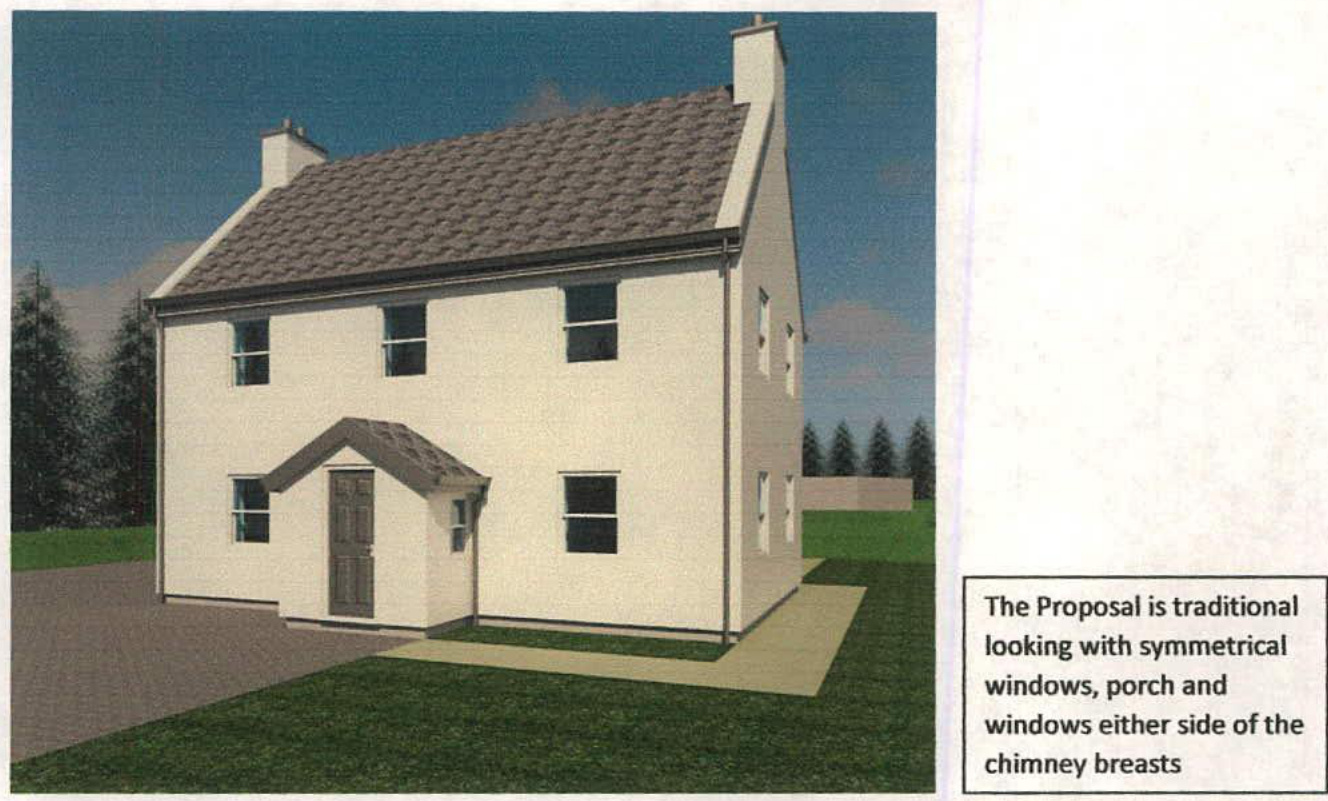 A 3D architectural rendering showing the proposed elevation of a two-storey detached house with a porch and driveway.