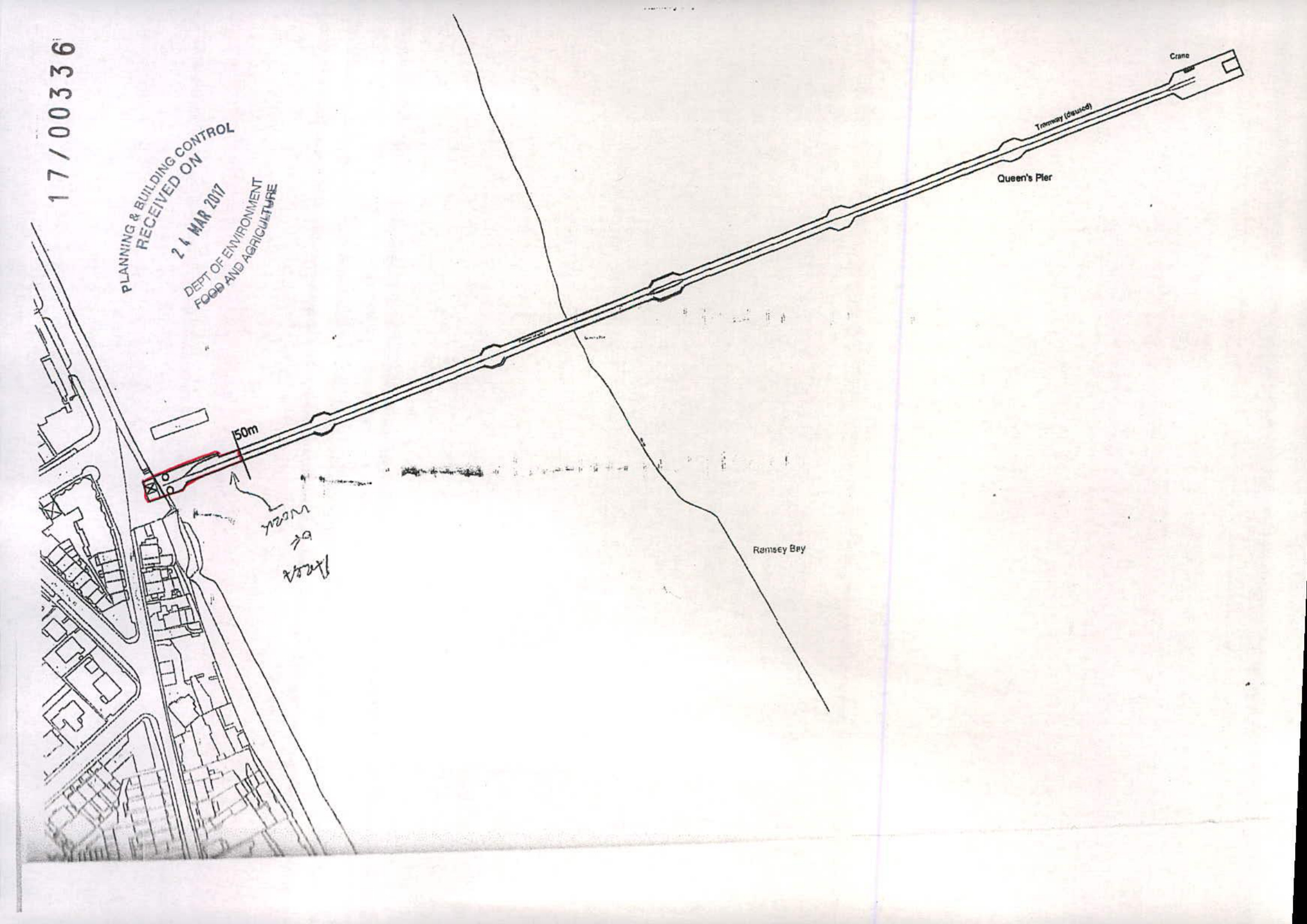 This image displays a site location plan of Queen's Pier in Ramsey Bay, with the first section of the pier highlighted in red to indicate the area of proposed work. It includes a scale bar, handwritten notes regarding...