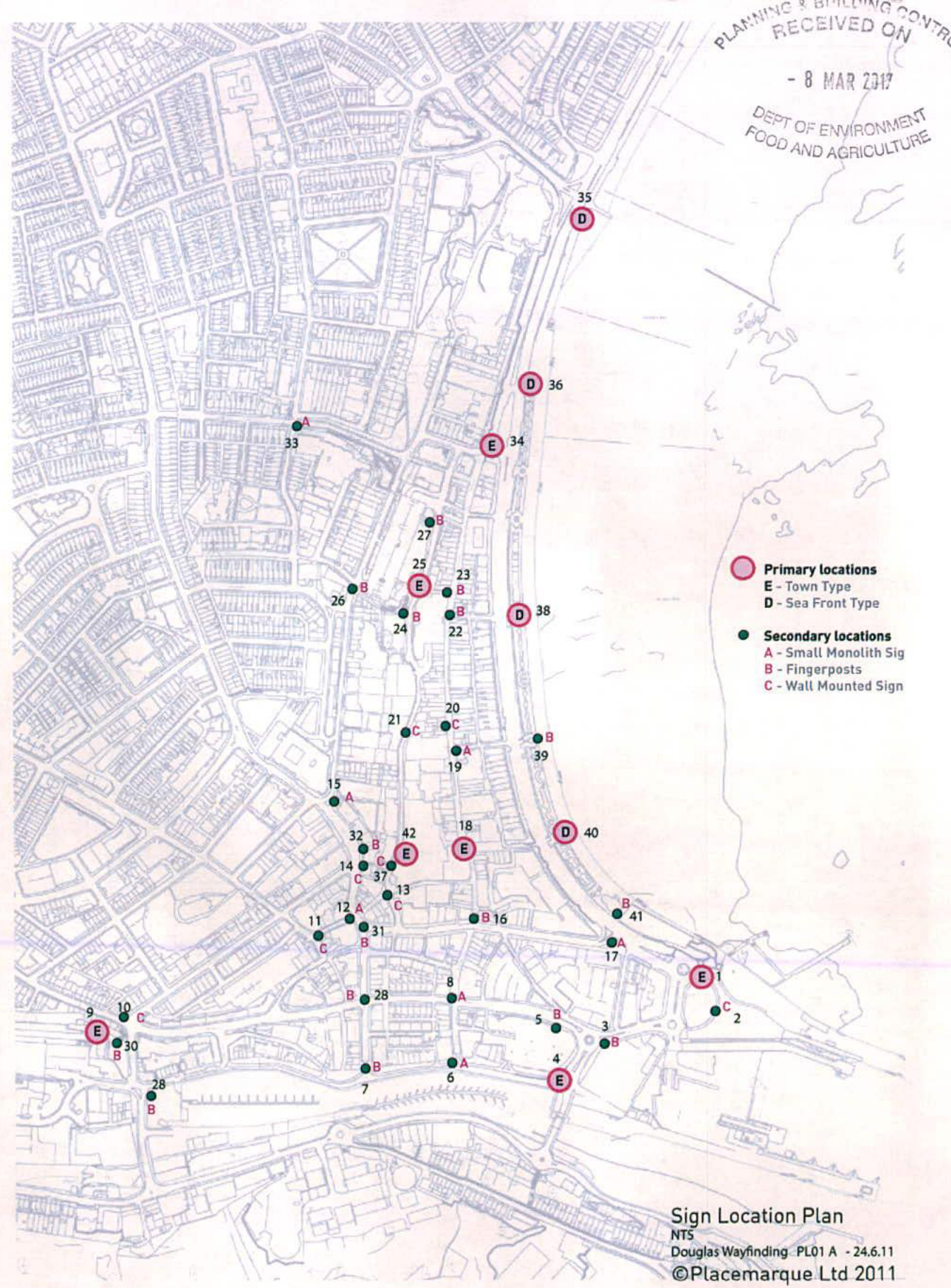 A location plan map displaying proposed wayfinding sign sites along the Douglas seafront and town streets with a legend indicating sign types.