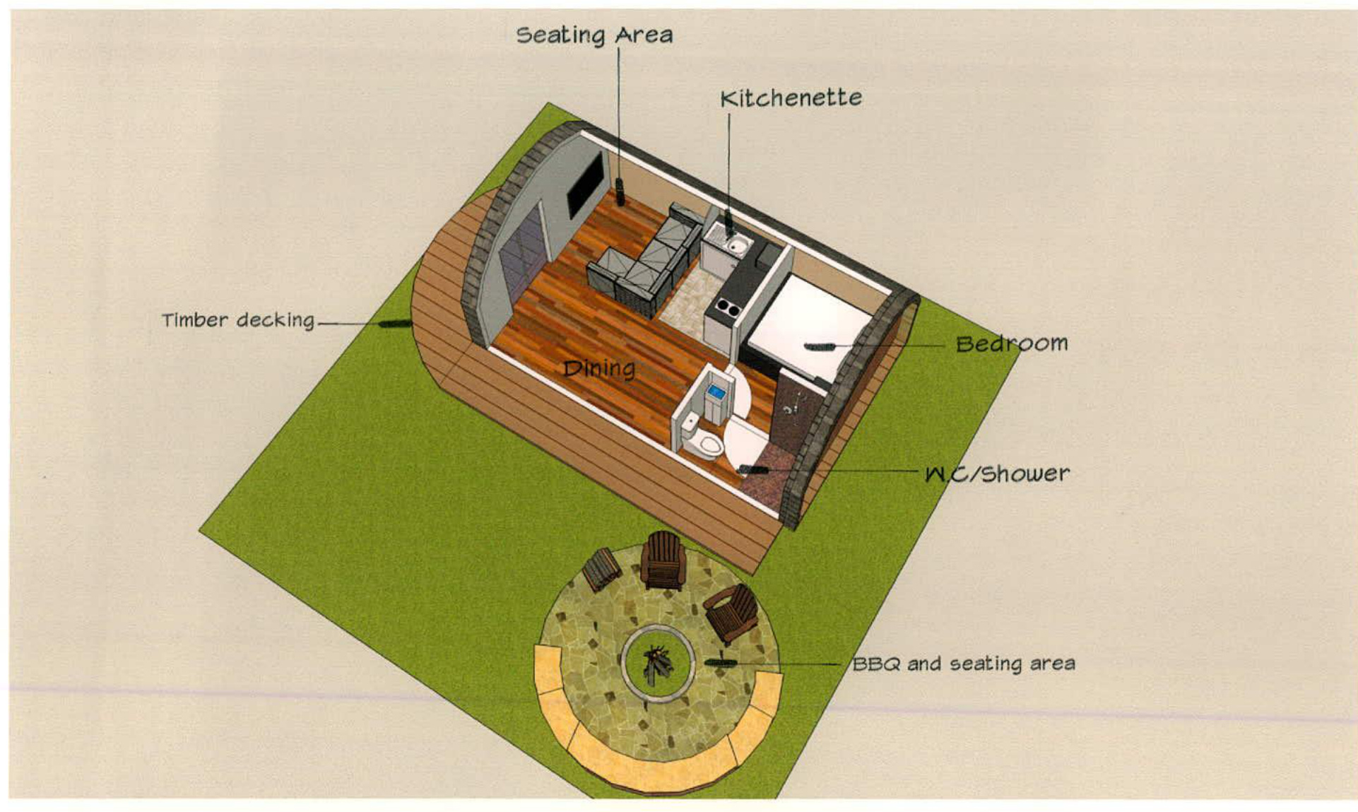 Architectural cutaway rendering of a glamping pod showing interior layout with bedroom, kitchenette, and seating areas, plus external decking and BBQ area.