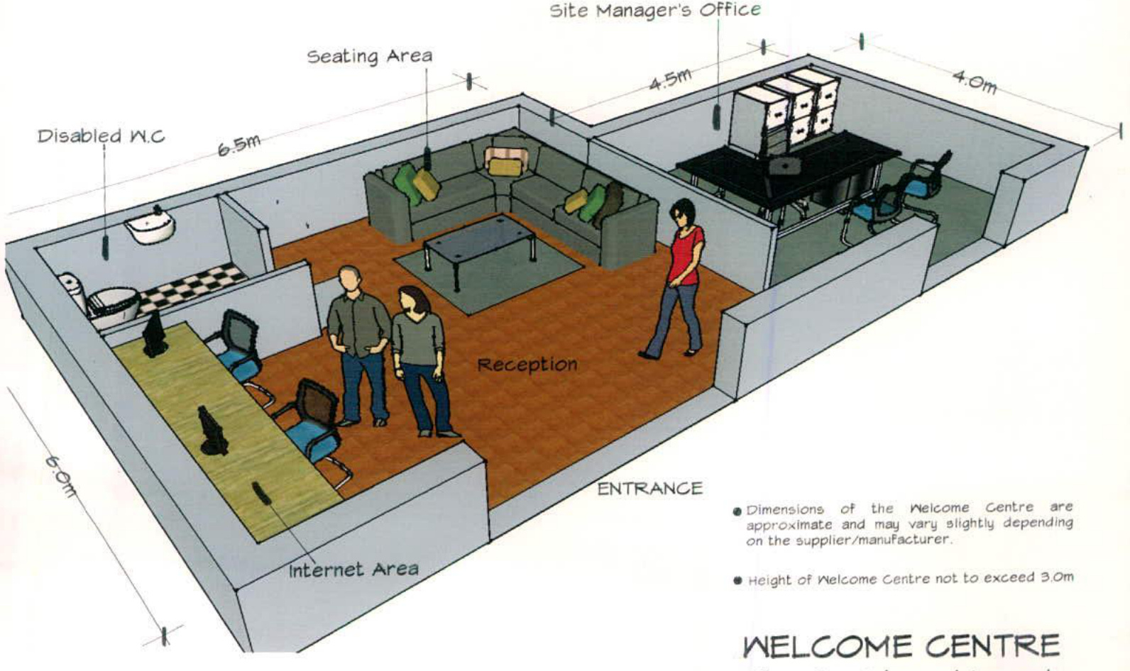 Architectural cutaway drawing illustrating the interior layout of a proposed Welcome Centre. The plan shows a reception area, disabled WC, seating area, and site manager's office with dimensions.