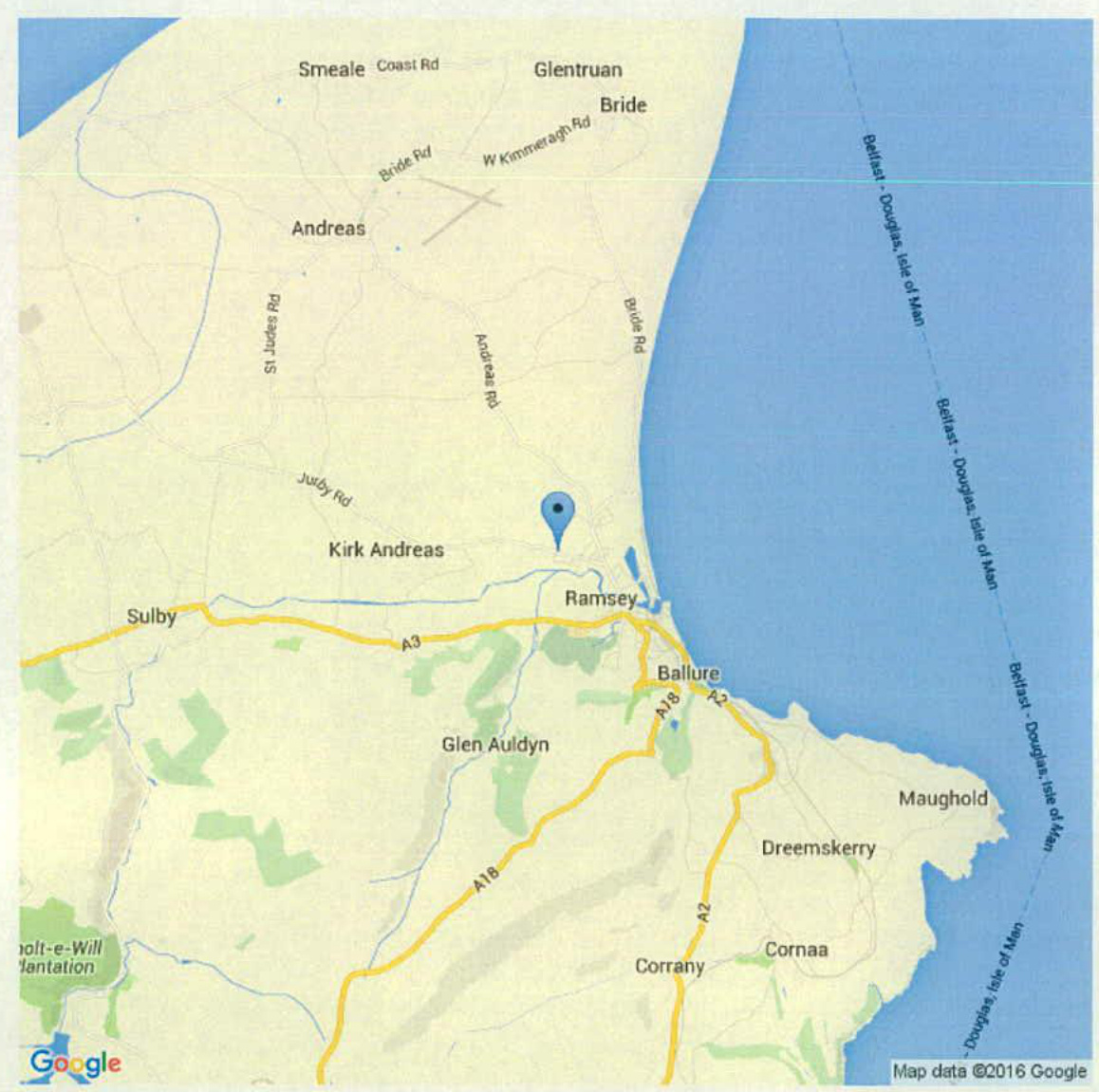 A Google Maps screenshot displaying the site location pin near Ramsey and Kirk Andreas on the Isle of Man.