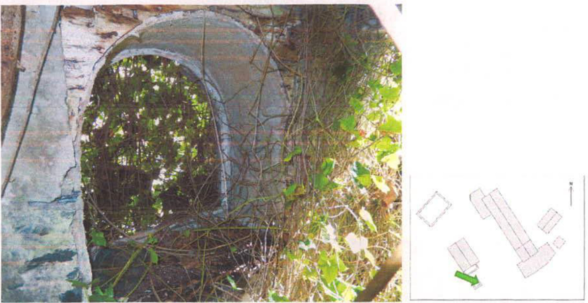 A composite image showing a photograph of a dilapidated stone structure with an arched opening on the left and a site plan layout on the right.