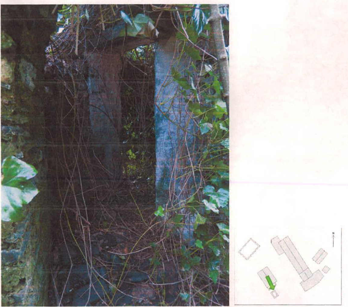 A photograph of a dilapidated stone structure heavily overgrown with ivy and vines, accompanied by a small site plan in the bottom right corner.