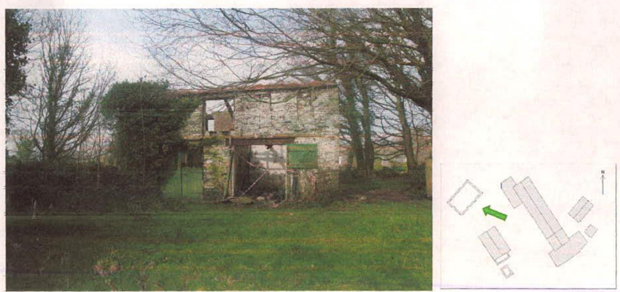 A composite image displaying a photograph of a dilapidated stone outbuilding on the left and a hand-drawn site plan sketch on the right.