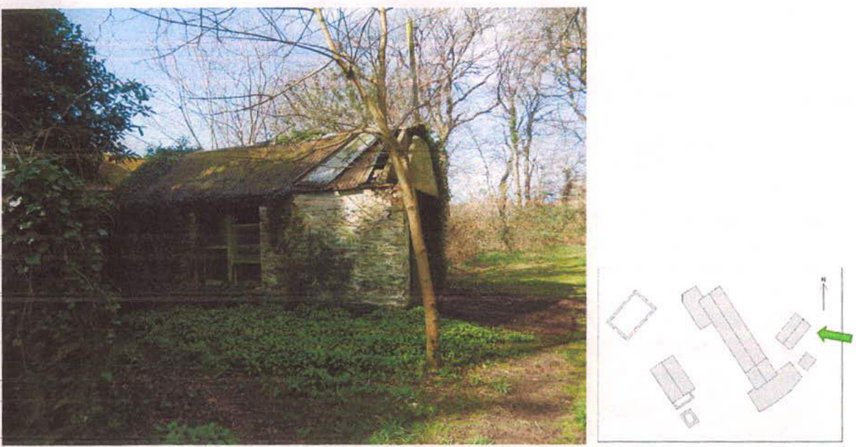 A composite image displaying a photograph of a dilapidated stone outbuilding on the left and a small site plan sketch on the right.