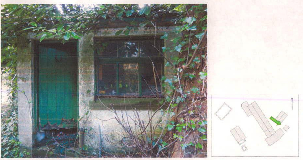 A composite image showing a dilapidated outbuilding covered in ivy on the left and a hand-drawn site plan with a green arrow on the right.