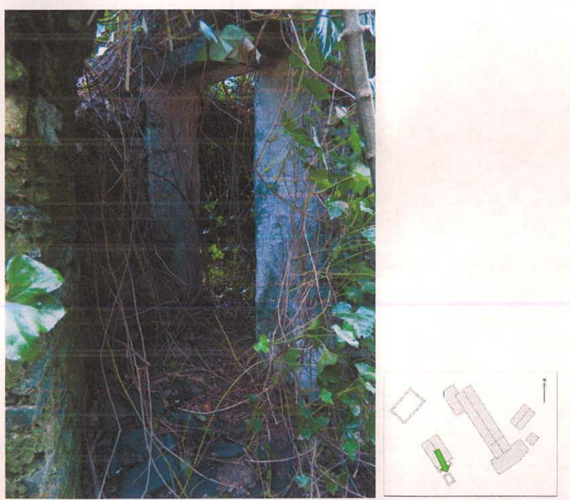 A photograph of a dilapidated stone structure heavily overgrown with ivy, accompanied by a small site plan layout in the corner.