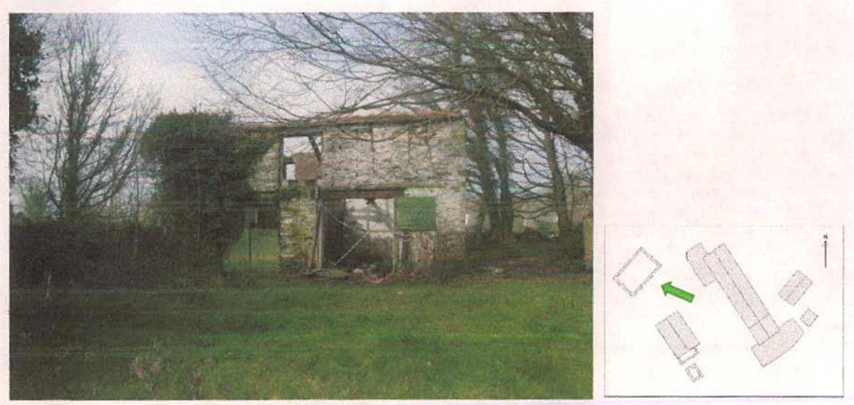 A composite image displaying a photograph of a dilapidated stone outbuilding alongside a hand-drawn site plan.