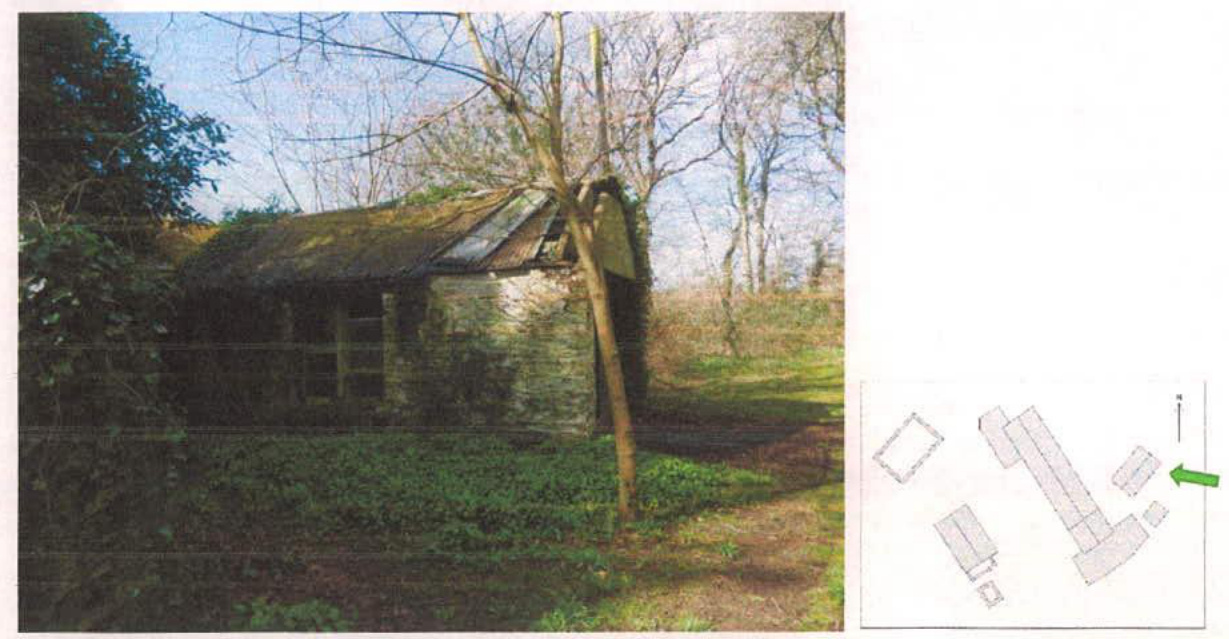 A composite image featuring a photograph of a dilapidated stone outbuilding on the left and a site plan showing building footprints on the right.