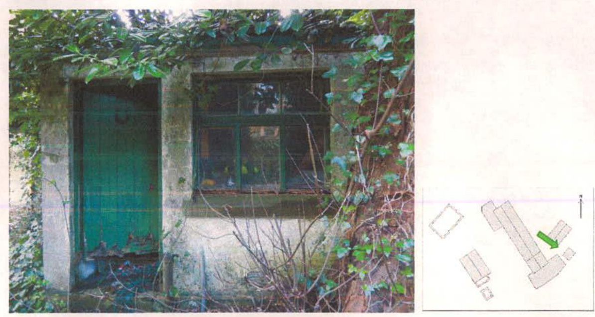 A composite image showing a photograph of a dilapidated, ivy-covered stone outbuilding on the left and a small site plan sketch on the right.