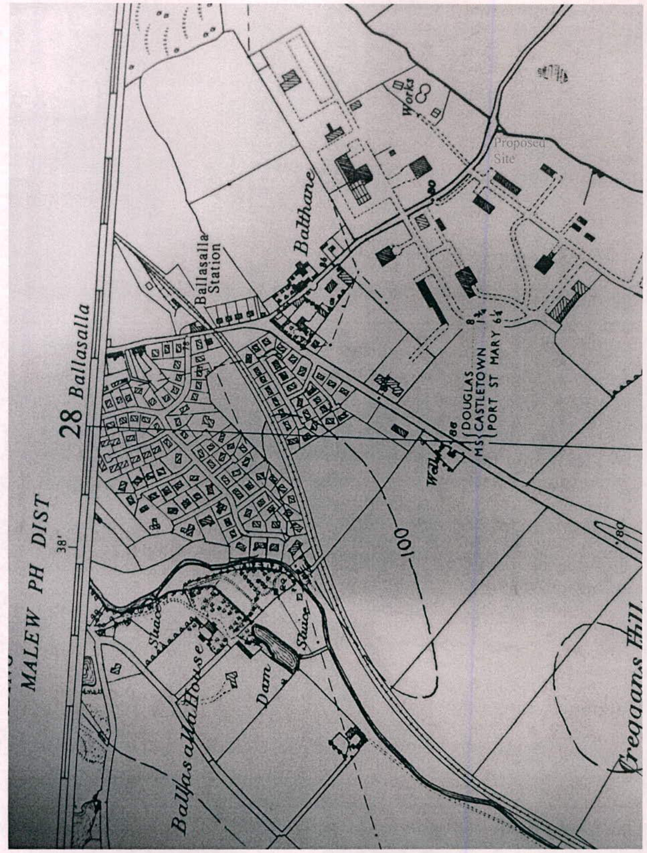 This is a black and white site location map showing the area around Ballasalla Station and the Malew Parish District.