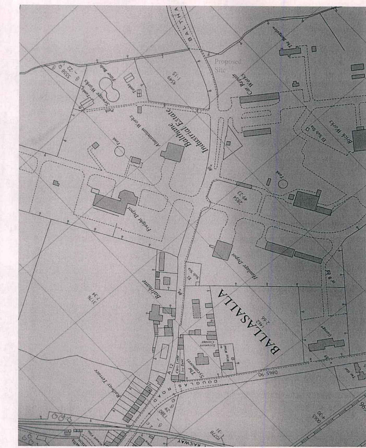 This image displays a black and white site location map showing the 'Proposed Site' within the Ballasalla area, near Douglas Road and the Railway Terrace.