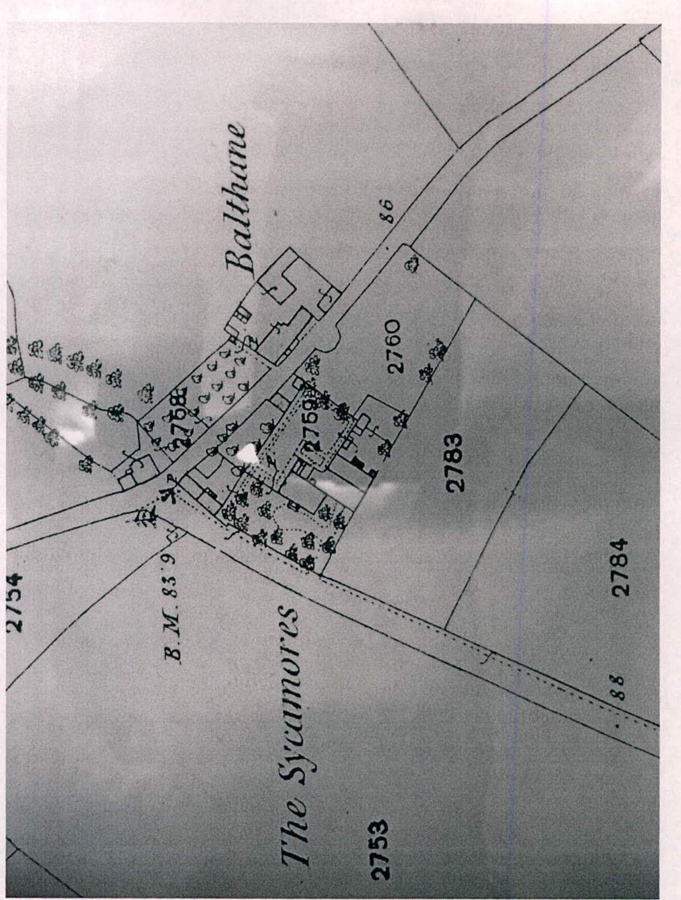 This image displays a site location map or plan extract showing property boundaries, building footprints, and street names like 'Balthane' and 'The Sycamores'.