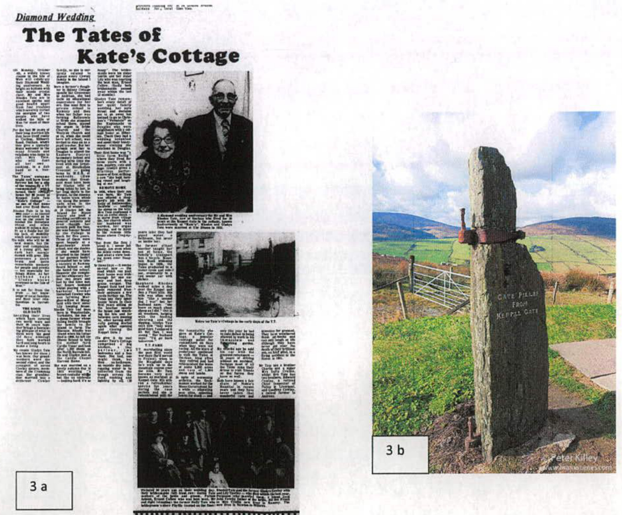 A document page featuring a newspaper clipping about 'Kate's Cottage' on the left and a color photograph of a stone gate pillar in a rural landscape on the right.