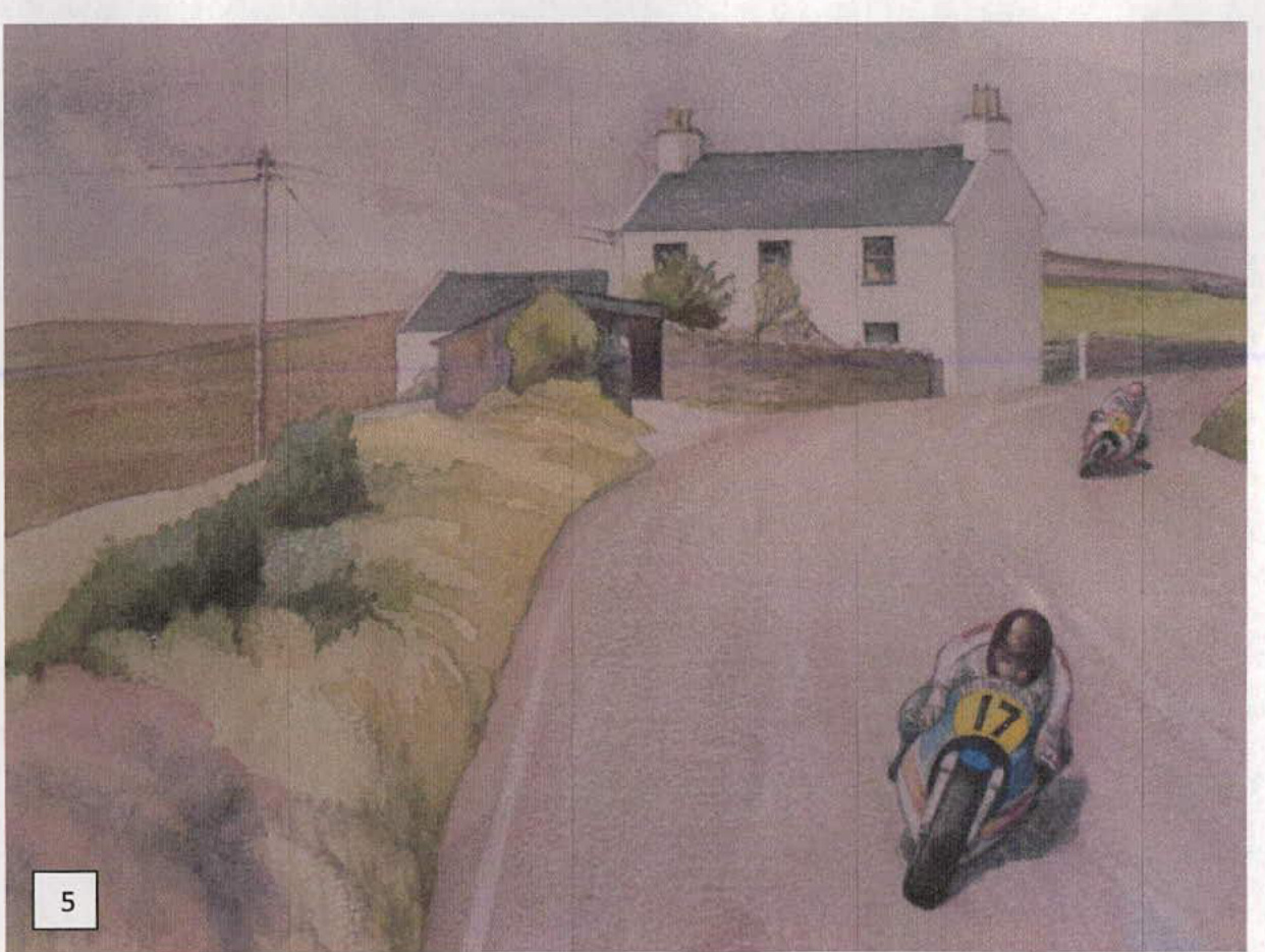 An artistic rendering showing a white detached house and a smaller outbuilding situated beside a road with motorcyclists racing past.