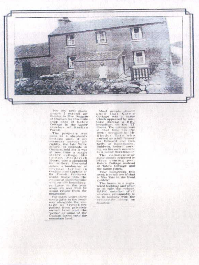 A scanned document page featuring a black and white photograph of a stone cottage at the top, accompanied by a historical text description below.