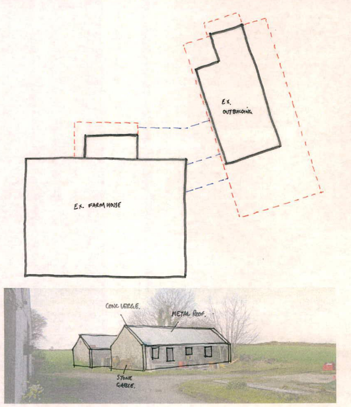 A composite planning page showing a hand-drawn site plan of a farmhouse and outbuilding with proposed extensions, alongside an annotated photograph of the outbuilding detailing roof and wall materials.