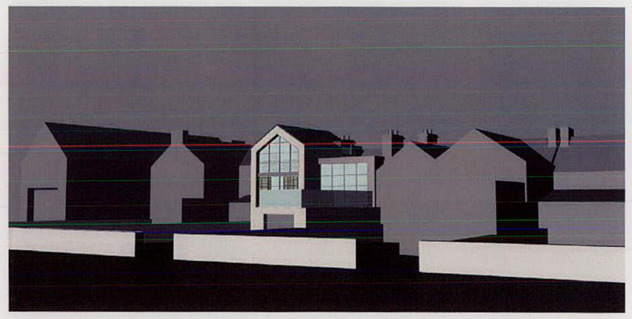 A digital 3D rendering depicting an architectural elevation of a house with a new extension and large window.