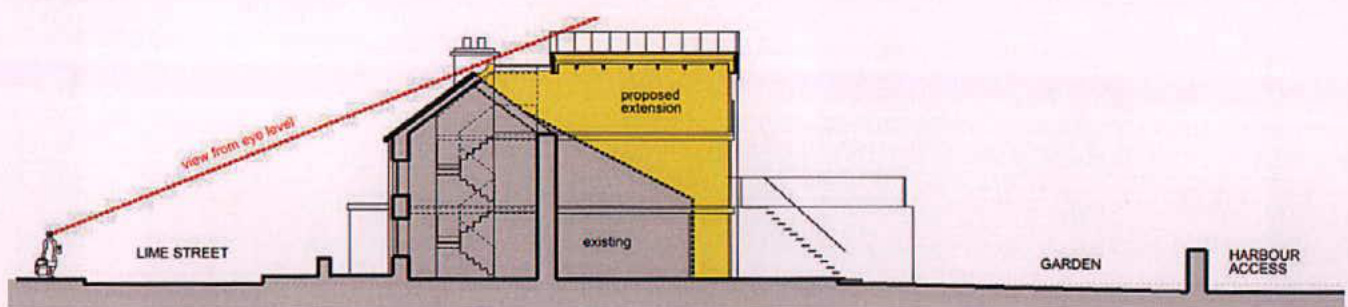 Architectural section drawing showing a proposed yellow extension adjacent to an existing grey building with sightline analysis from Lime Street.