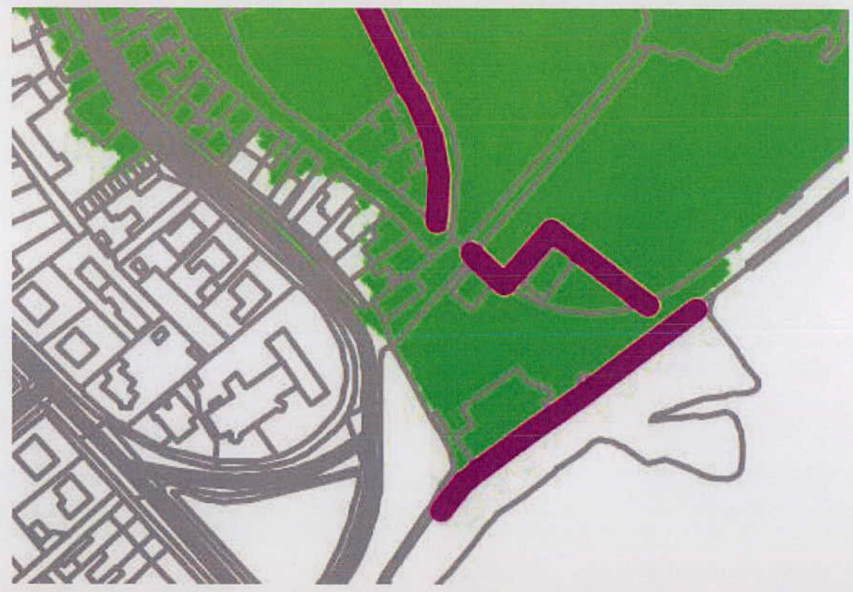 A site plan showing a cluster of buildings on the left and a large green field area on the right, with purple lines indicating boundaries or routes.