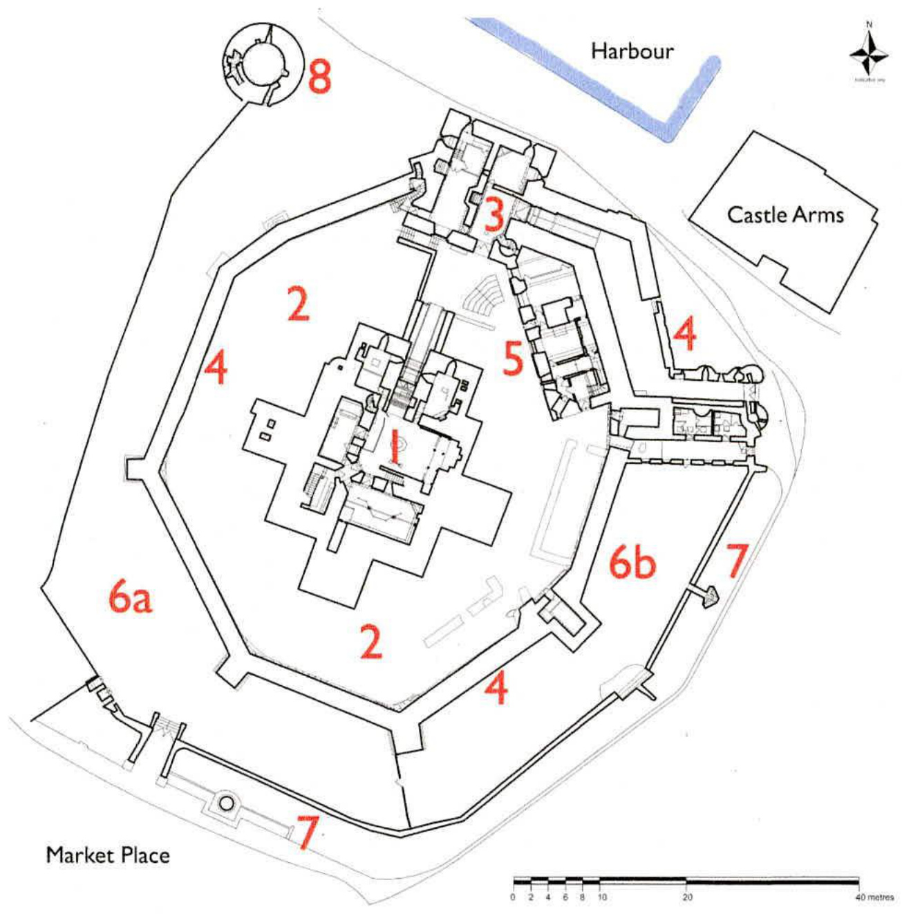 A site plan showing the layout of a historic castle complex with numbered zones, surrounding landmarks like the harbour, and a scale bar.