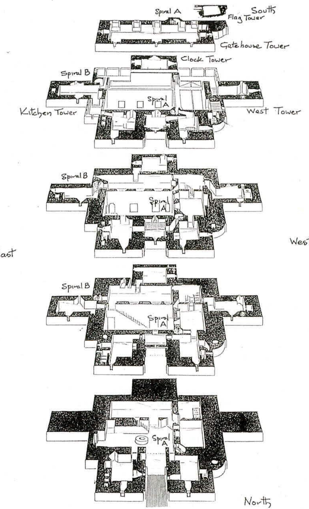This image displays a series of architectural floor plans or sections illustrating the internal layout of a historic castle keep, featuring labeled towers like the Gatehouse and Clock Tower.