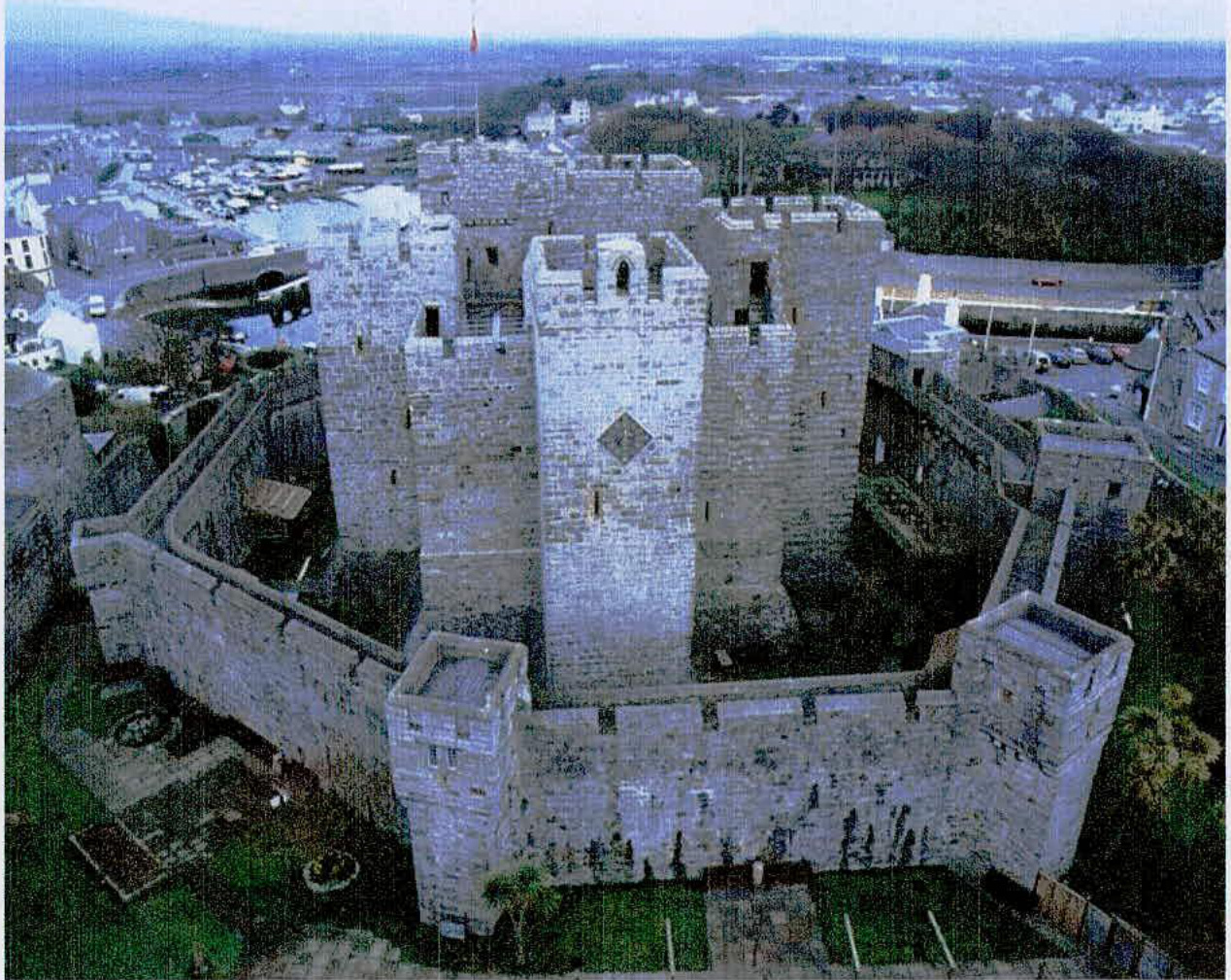 An aerial photograph showing a large medieval stone castle with a central keep and curtain walls, situated within a town environment.