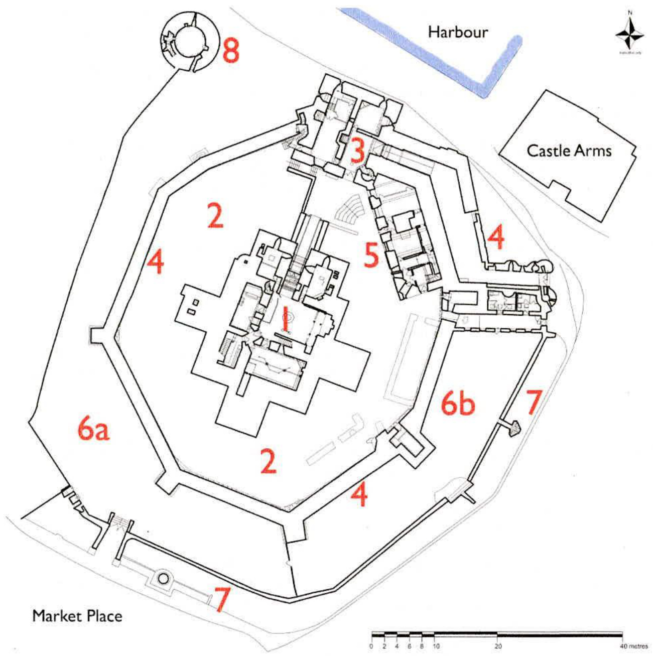 A site plan of Castletown Castle showing the keep, curtain walls, and surrounding features like the harbour and market place with numbered sections.
