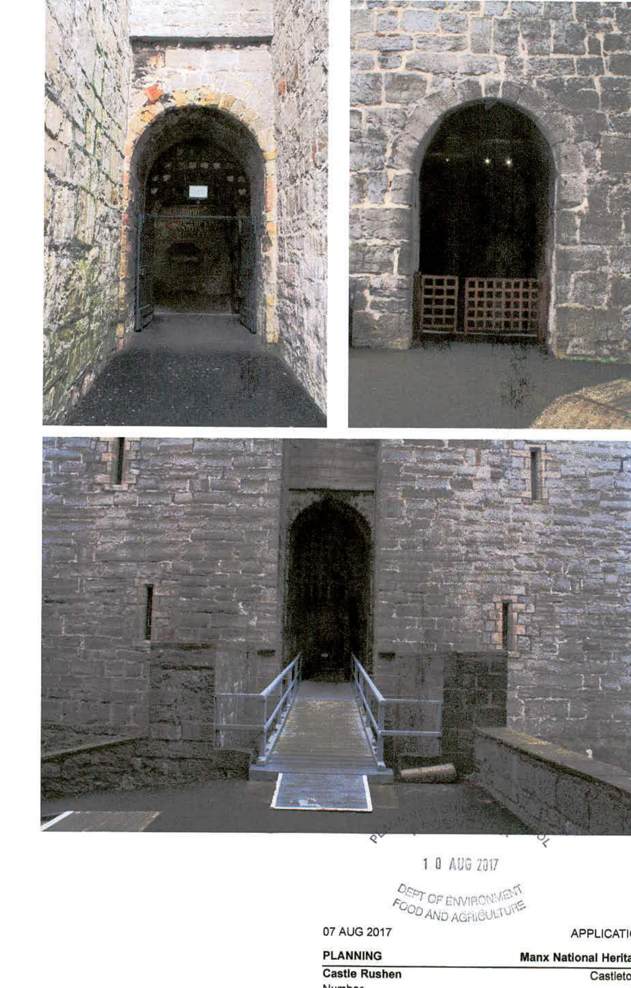 Three photographs showing the stone exterior and interior of Castle Rushen, including a view of a temporary ramp leading to an arched entrance.
