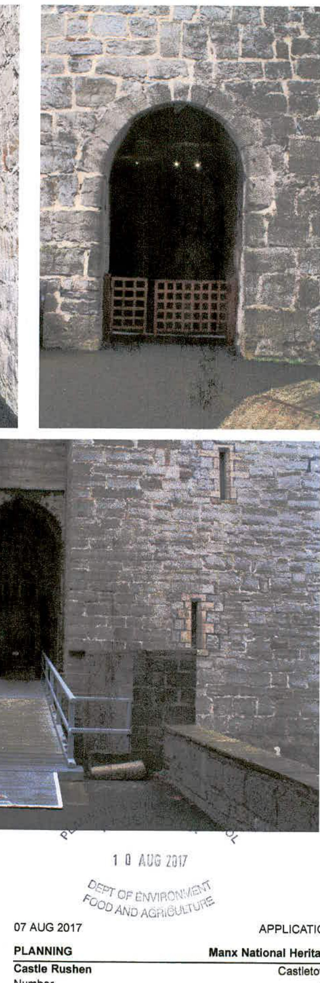 The image displays exterior photographs of a historic stone castle wall, showing an arched entrance and a metal accessibility ramp. A planning document header from the Department of Environment, Food and Agriculture i...