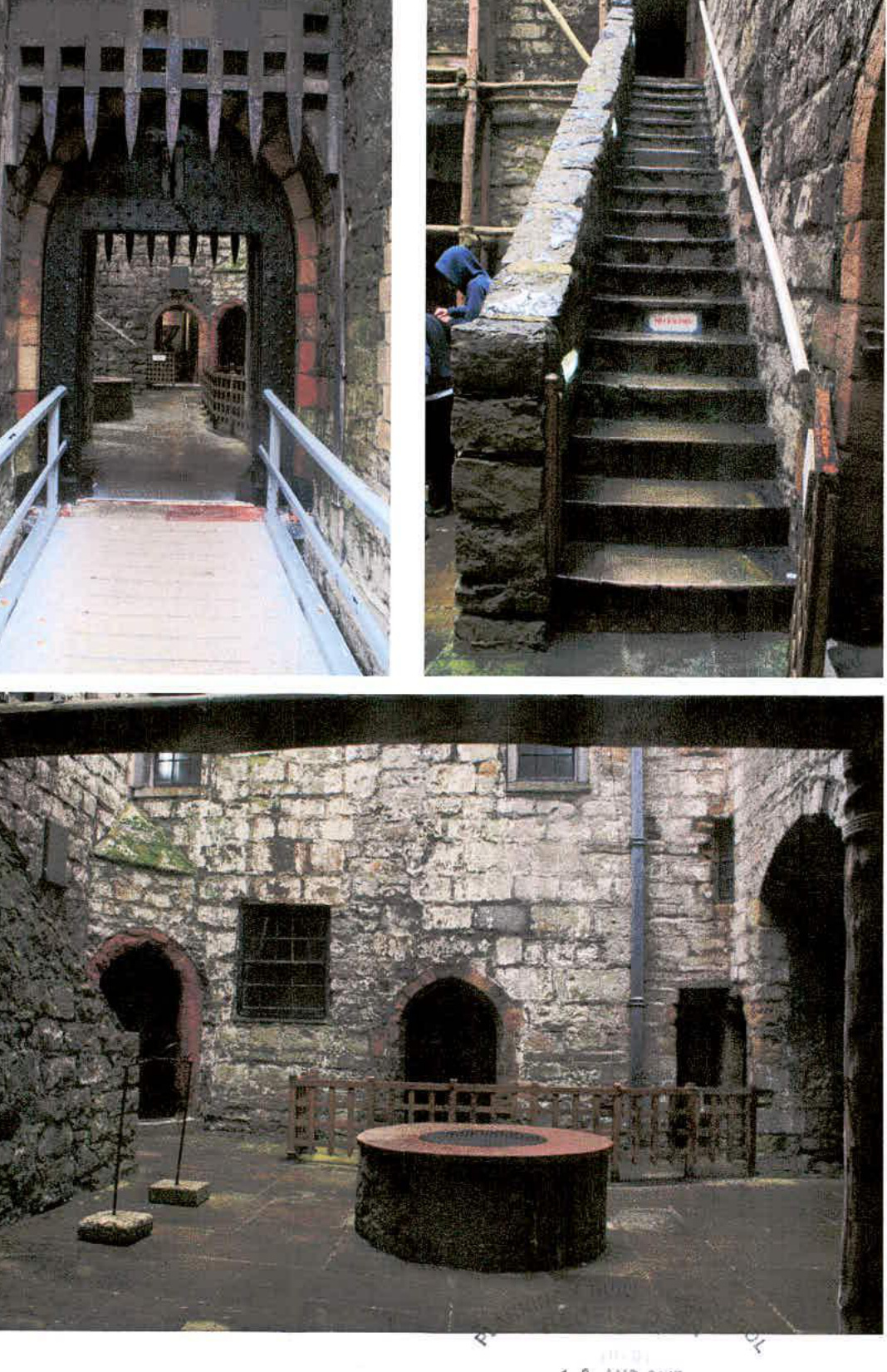 A composite image displaying three views of a historic stone castle, featuring a drawbridge entrance with a new ramp, a stone staircase, and an interior courtyard.